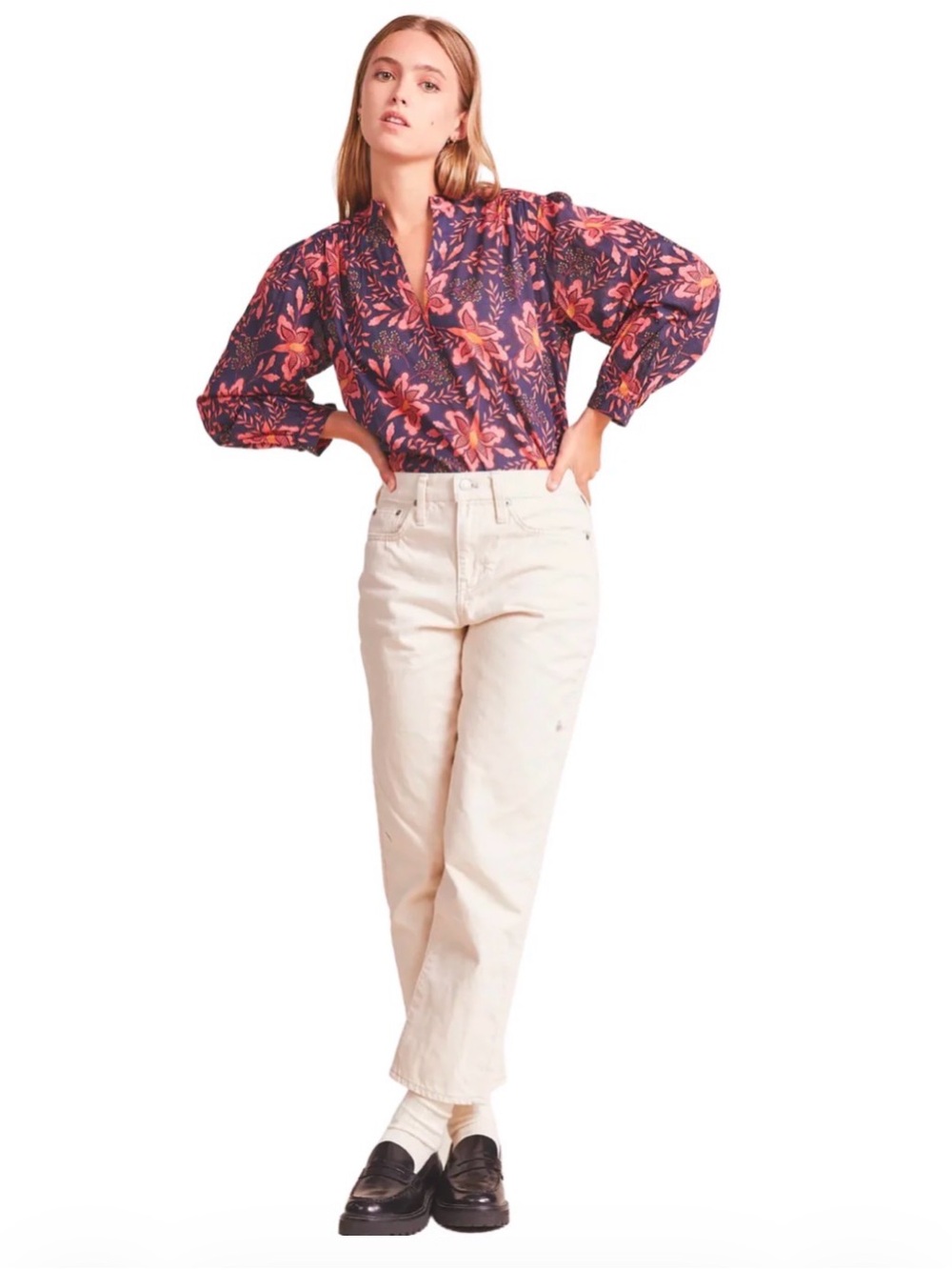 Trovata Birds of Paradis Bailey Pink Geranium Blouse in Navy 100% Cotton Size S
